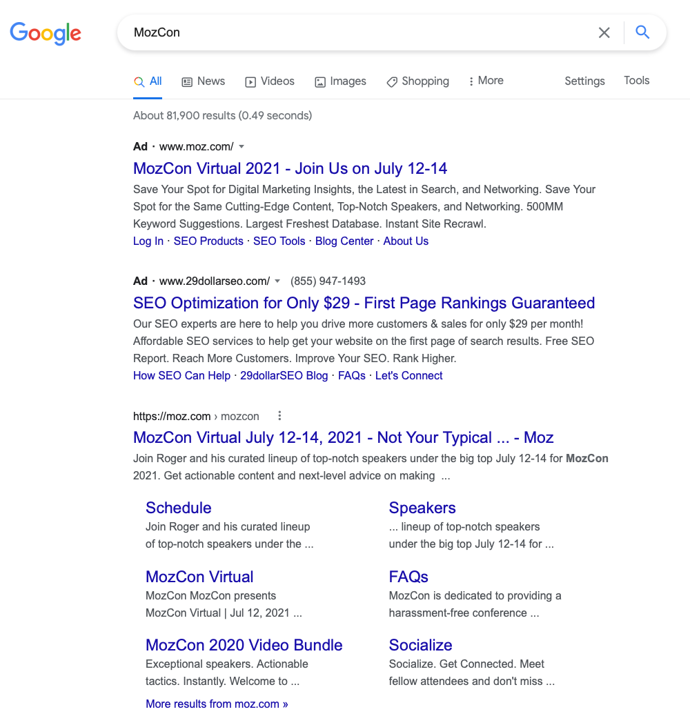 Capture d'écran d'une recherche Google pour la MozCon