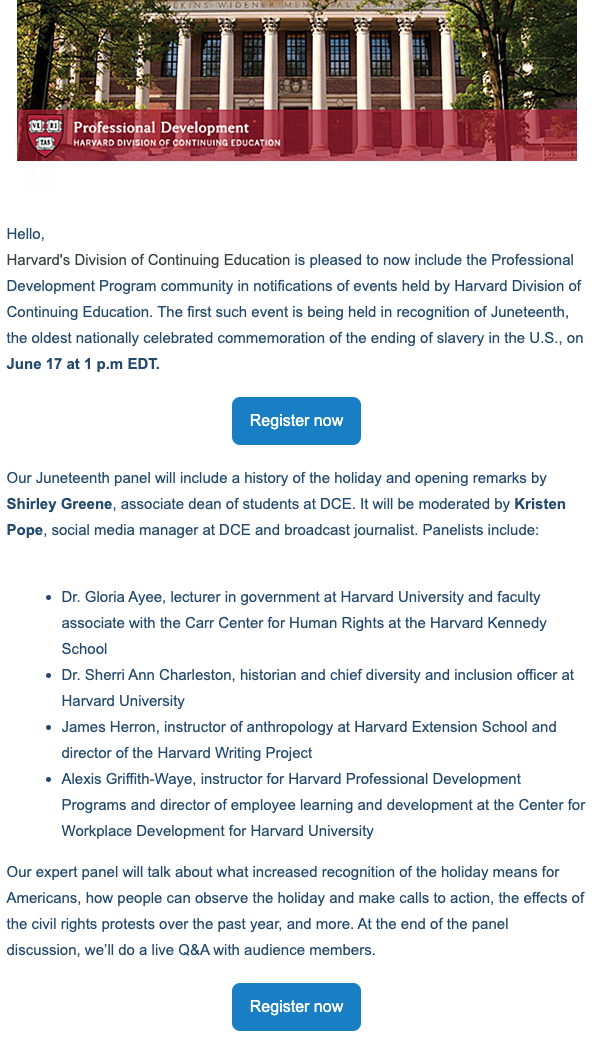Email de promotion de la Harvard Division of Continuing Education